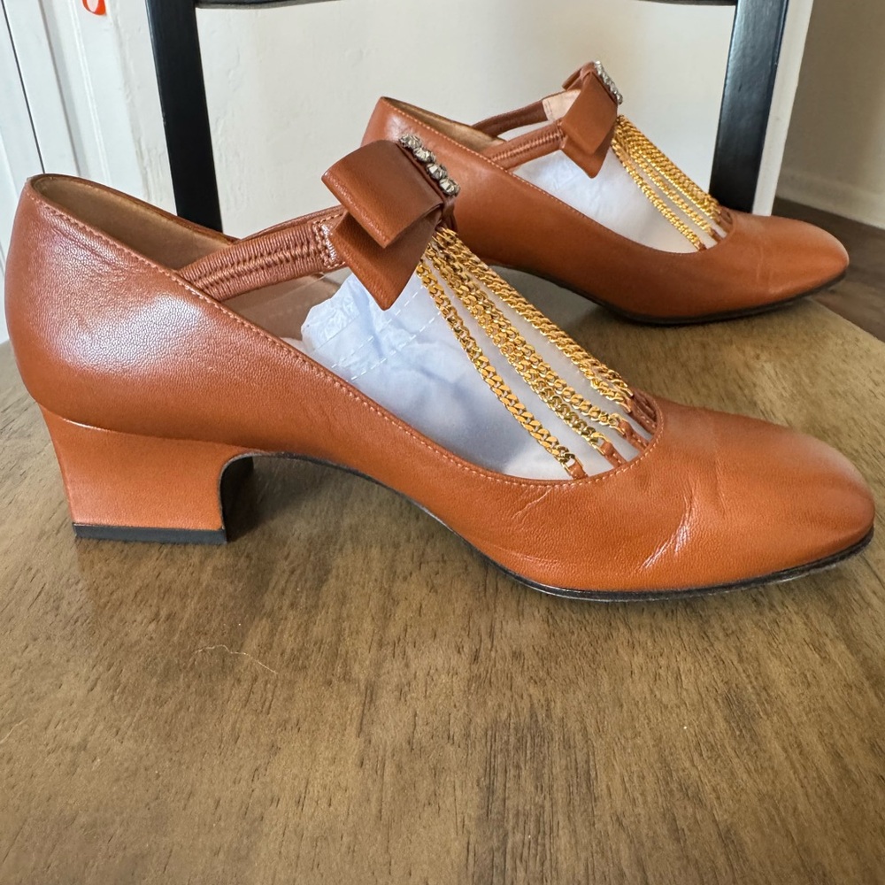 Gucci Brown Bonny Bow Crystal Chain leather Pumps Woman 37 w/ shoe bag - NO BOX - Picture 3 of 16